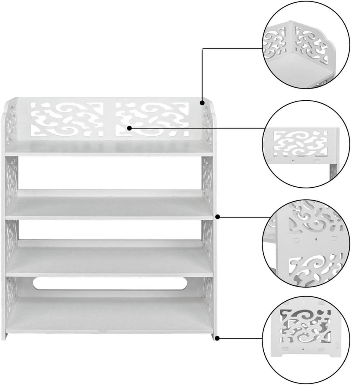 Wood-Plastic Board Four Tiers Carved Shoe Rack White B Utility Storage Organizer Shelf Rack for Kitchen Living Room Bathroom MITPATY