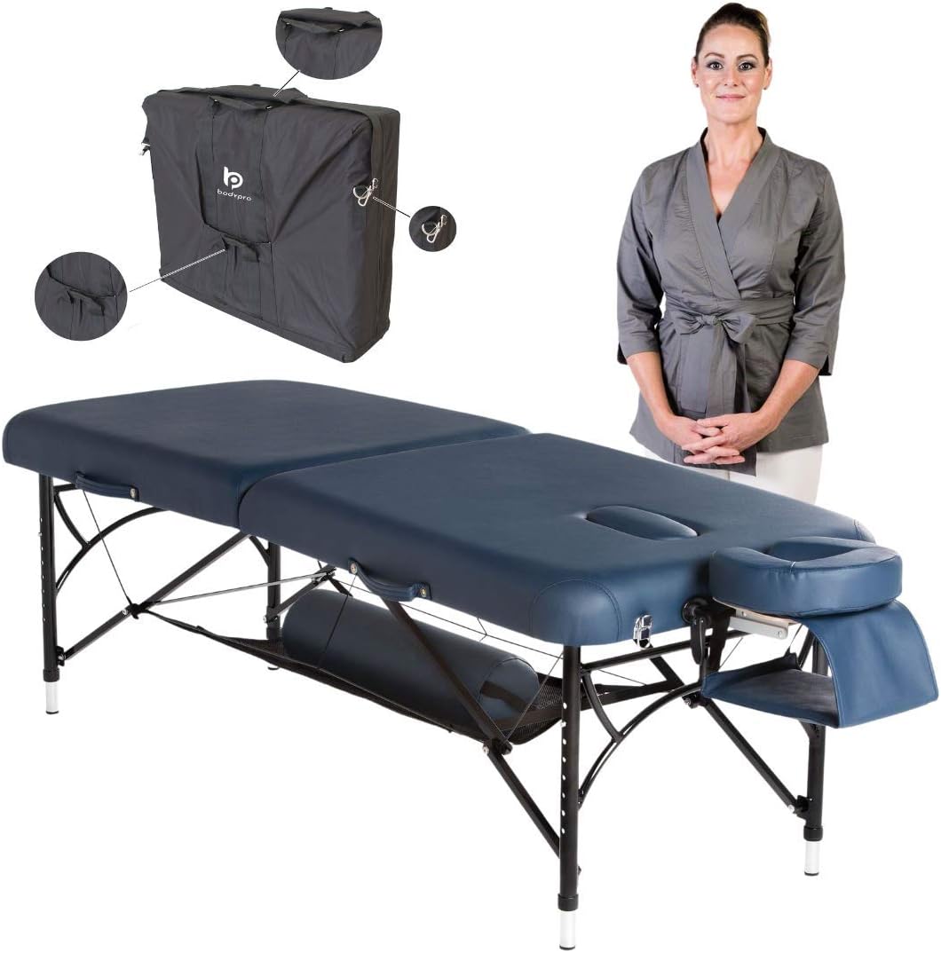 Active Deluxe Professional Lightweight Portable Massage Table-7CM High Density Foam + Breathe Hole + Face Cushion + Reiki Panels + Carry Case + Storage Shelf- 28" Width - 13Kg Weight (Navy)