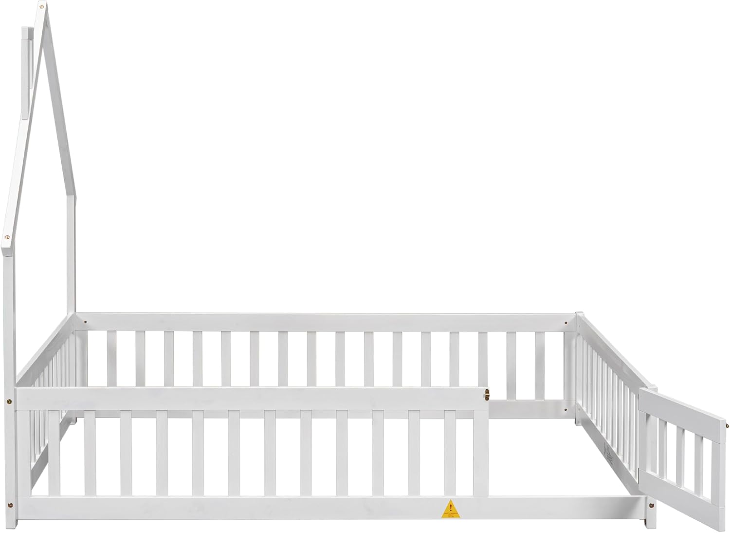 Wooden Toddler Floor Bed Frame,Full Size Montessori Bed Frame with Fence and Gate Door for Toddlers 1-3 Kids Girls Boys,House-Shaped Headboard (White, Full)