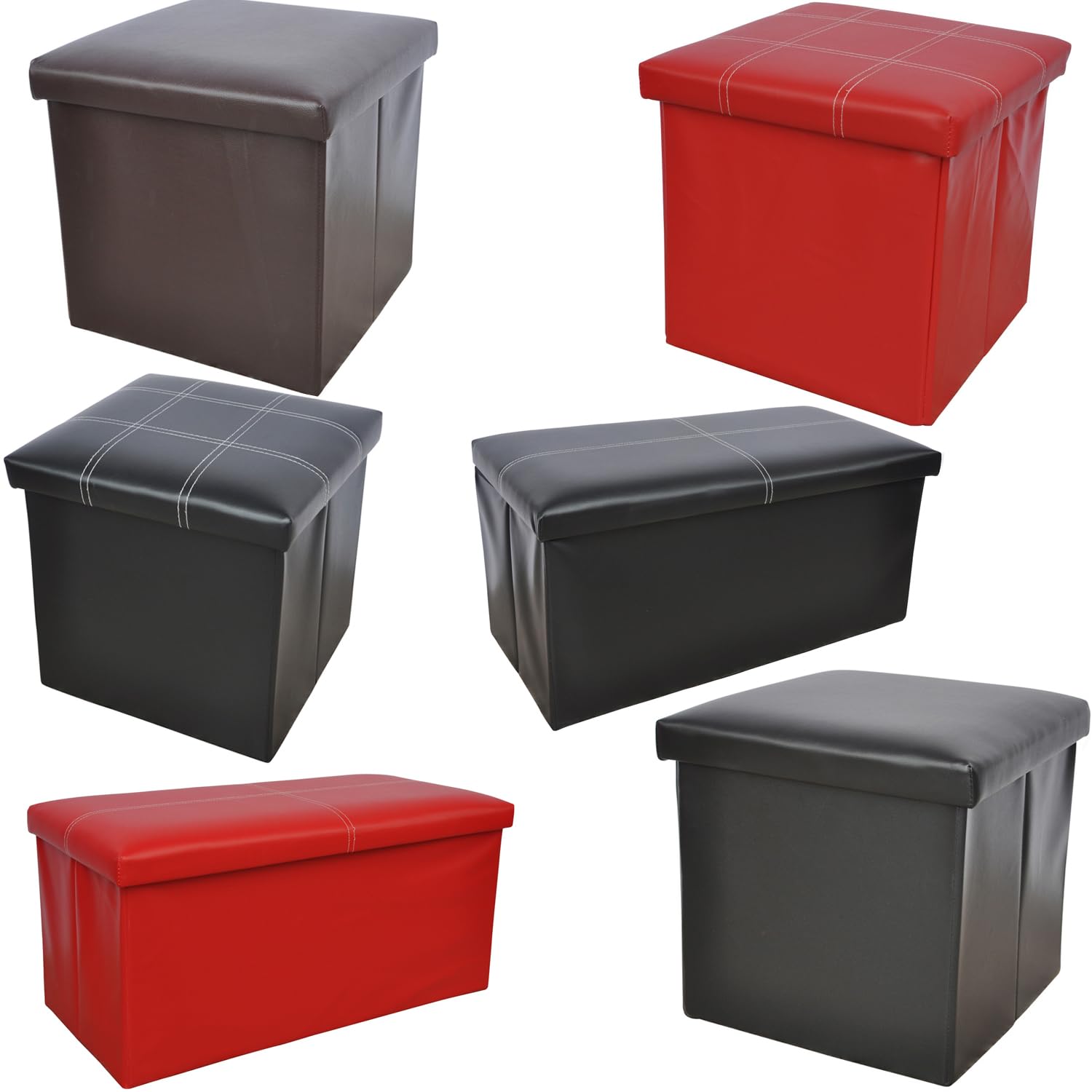 BARGAINS-GALORE Ottoman Faux Leather Stool | Folding Seat Chest | Foldable Storage Box Foot Rest | Foot Rest Stool | Foldable Storage Box | Seating Box For Home And Office (RED WITH STITCHING, SMALL)