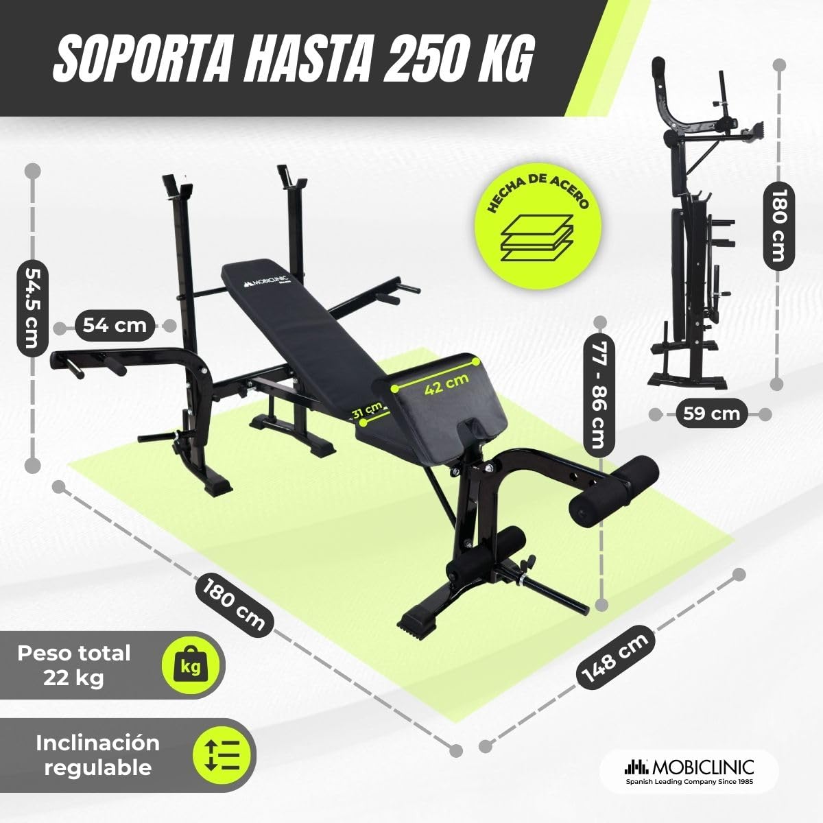 Mobiclinic® fitness, Banco de musculación multifuncional, Pressfit, Ajustable, Plegable, Acero, Soporta hasta 250 kg, Soporte para barras, Ideal ejercicios fuerza en casa