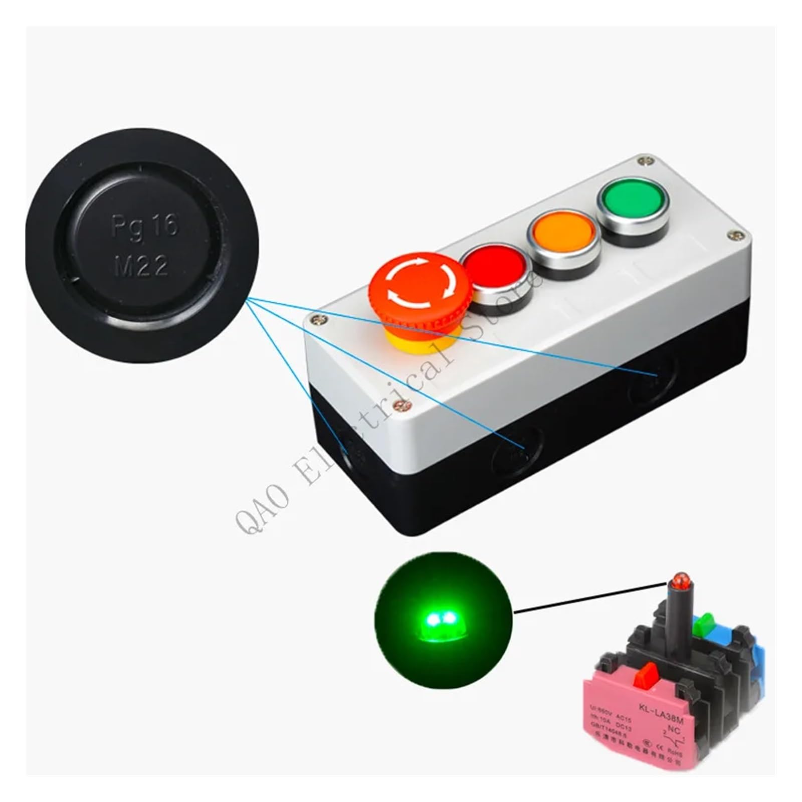 Caja de control de interruptor de botón, 1 Uds., con luz, botón de parada de emergencia, reinicio automático, 220V, autobloqueo, 24V, interruptor industrial resistente al agua(4-03)
