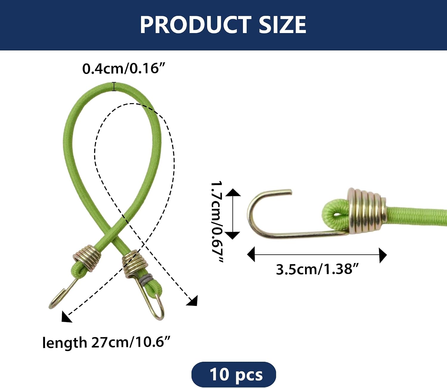 Premium 10 Pack Fruit Green Small Bungee Cords with Hooks - Elastic Rubber Strap Rope, Stretchy Mini Bungee Cords for Bikes, Tents, Tarps, RV, Luggage Roof Racks, Wire Racks & Cargo Hand Carts image 2