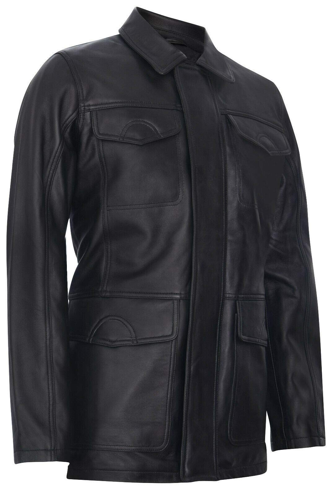 Herren Klassisch Schwarz Echtes Leder Safari Parker Graben Jacke