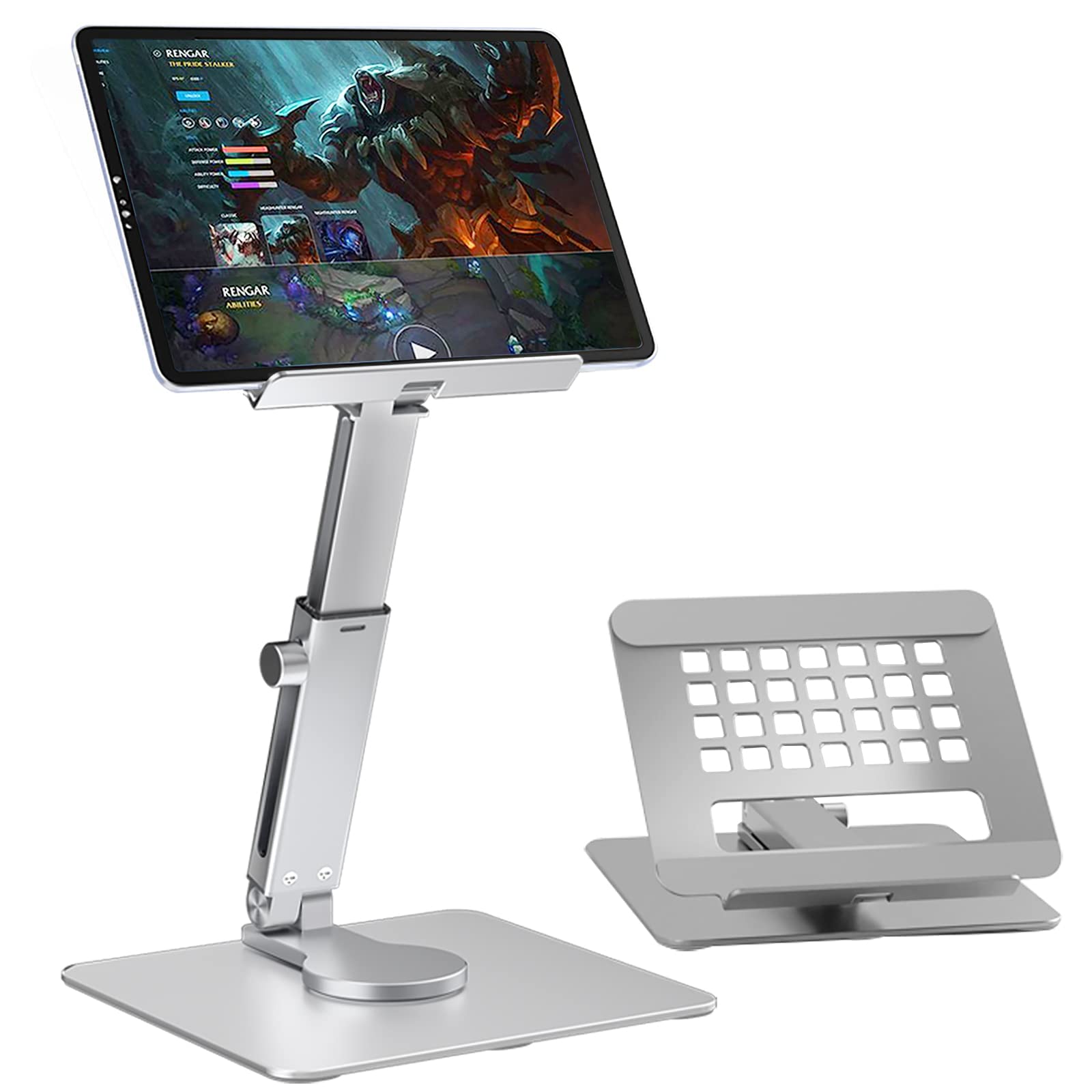 MAKINGTEC Tablet Stand for Desk, Height Adjustable Aluminum for iPad Stand Holder, Foldable 360° Swivel Desktop Tablet Stand Holder Dock for 4" - 13" Tablet (Silver)