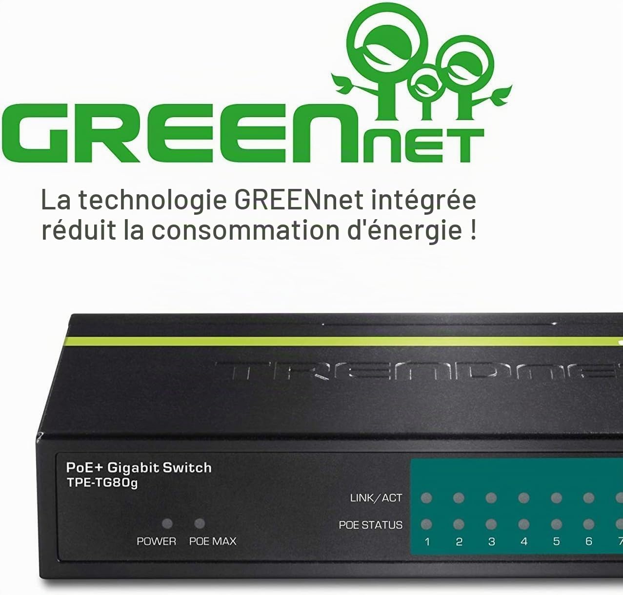 TRENDnet, TPE-TG80G, Commutateur PoE+ Gigabit à 8 Ports 8 Ports PoE+ Gigabit, Budget d'alimentation PoE de 123 W, Capacité de Commutation de 16 Gbit/s
