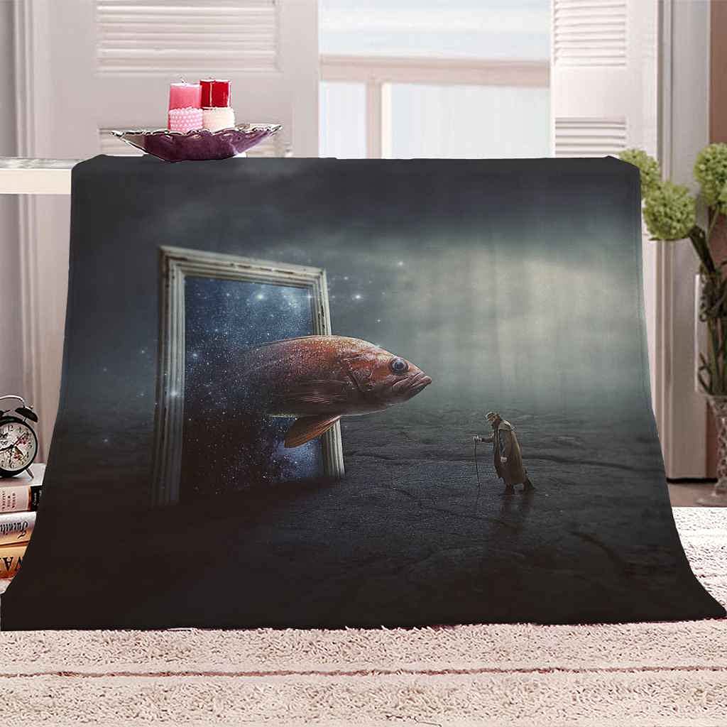Couverture polaire bleu océan motif koi en microfibre flanelle 150x200cm pour lit et canapé