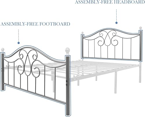 Miniatura 5 de YALAXON Marco de cama de metal resistente vintage tamaño Queen con cabecero y estribo, base de cama básica, no necesita somier (Queen, gris plateado)