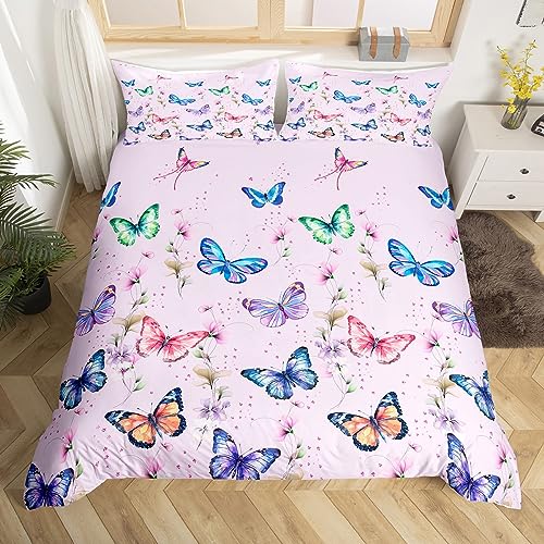 Loussiesd Girls Single Duvet Cover Set Butterfly Bedding Set 135x200cm with 1 Pillowcase Purple Reversible Bright Floral Print Bedding Set for Kids Colorful Butterflies Bedding 2 Pcs - Image 2