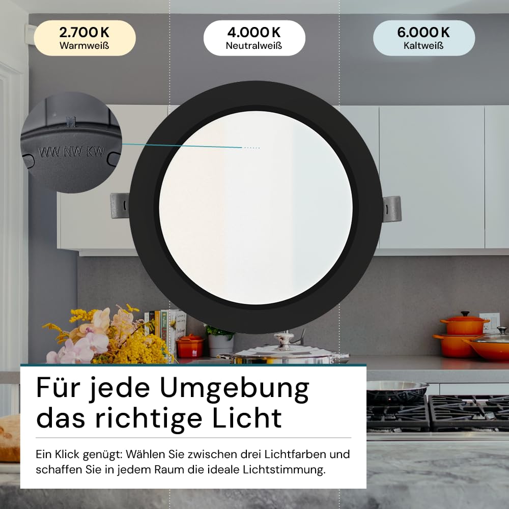 LUXULA LED Einbauleuchte rund Schwarz, 4 Stück Ø221x27mm, 18W 1800lm, IP44 Einbaustrahler flach CCT 2700K 4000K 6000K einstellbar, LED Deckenstrahler Einbauleuchte 230V Bad, Küche & Innenräume