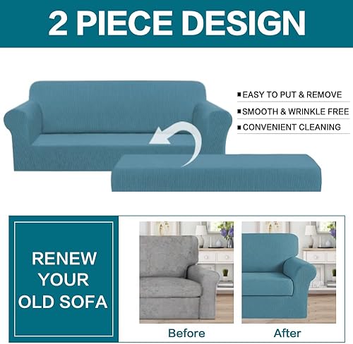 Vista 454 de Turquoize - Funda elástica para sofá de 2 piezas y 3 cojines, funda protectora lavable con elástico en la parte inferior, tela jacquard gruesa