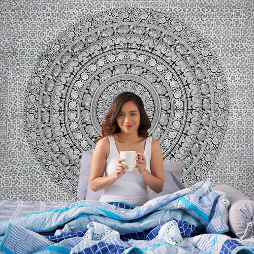 Image of Craft Trade 50x60 Inches Black and White Cotton Mandala Ombre Wall Hanging Tapestry