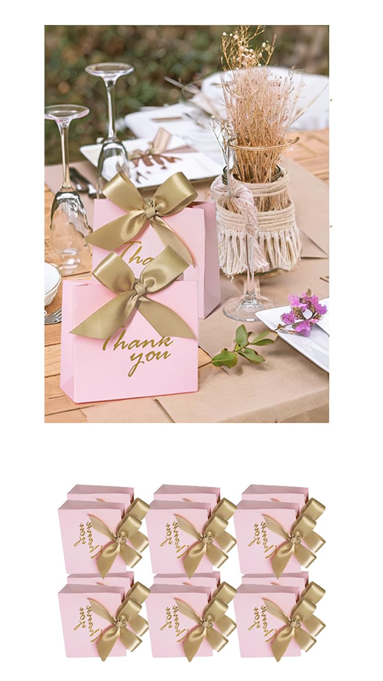 Sweet seven 24 Pack Thank You Gift Bags with Gold Bow Ribbon Pink Patterned Paper Party Favor Treat Boxes for Wedding Baby Showers and Business Events Bulk Gift Bags for Party Supplies