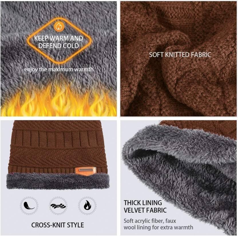 Brand Conquer Wool Beanie Cap & Muffler for Men & Women - Winter Woolen Cap with Neck Muffler - Soft Woolen Set (Brown, Free Size) 1