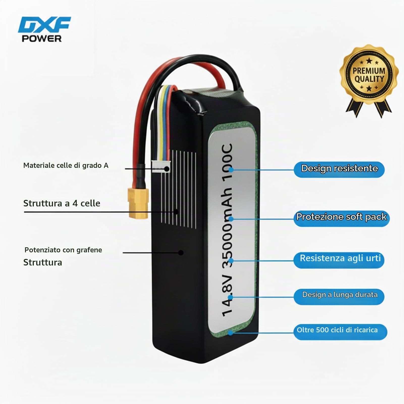 DXF Batteria LiPo 4S 14.8V 3500mAh 100C Spina XT60 Auto RC 1/8 1/10 Truck Buggy Monster Jam Compatta Leggera Potente Gare Racing Modellismo 2 Pezzi
