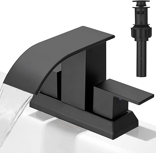 Hoimpro Grifo de baño de 3 agujeros de 4 pulgadas, cascada negro mate, dos asas, juego central, grifo de lavabo de baño, con mangueras de suministro