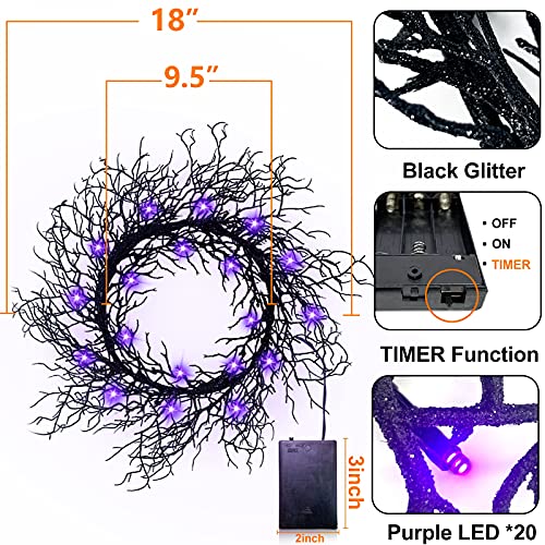 [ Prelit & Timer ] 18 Inch 20 Lighted Black Halloween Wreaths For Front Door Halloween Decorations Purple Lights Glittered Wreath Battery Operated For Indoor Outdoor Home Window Halloween Decor #TOP1