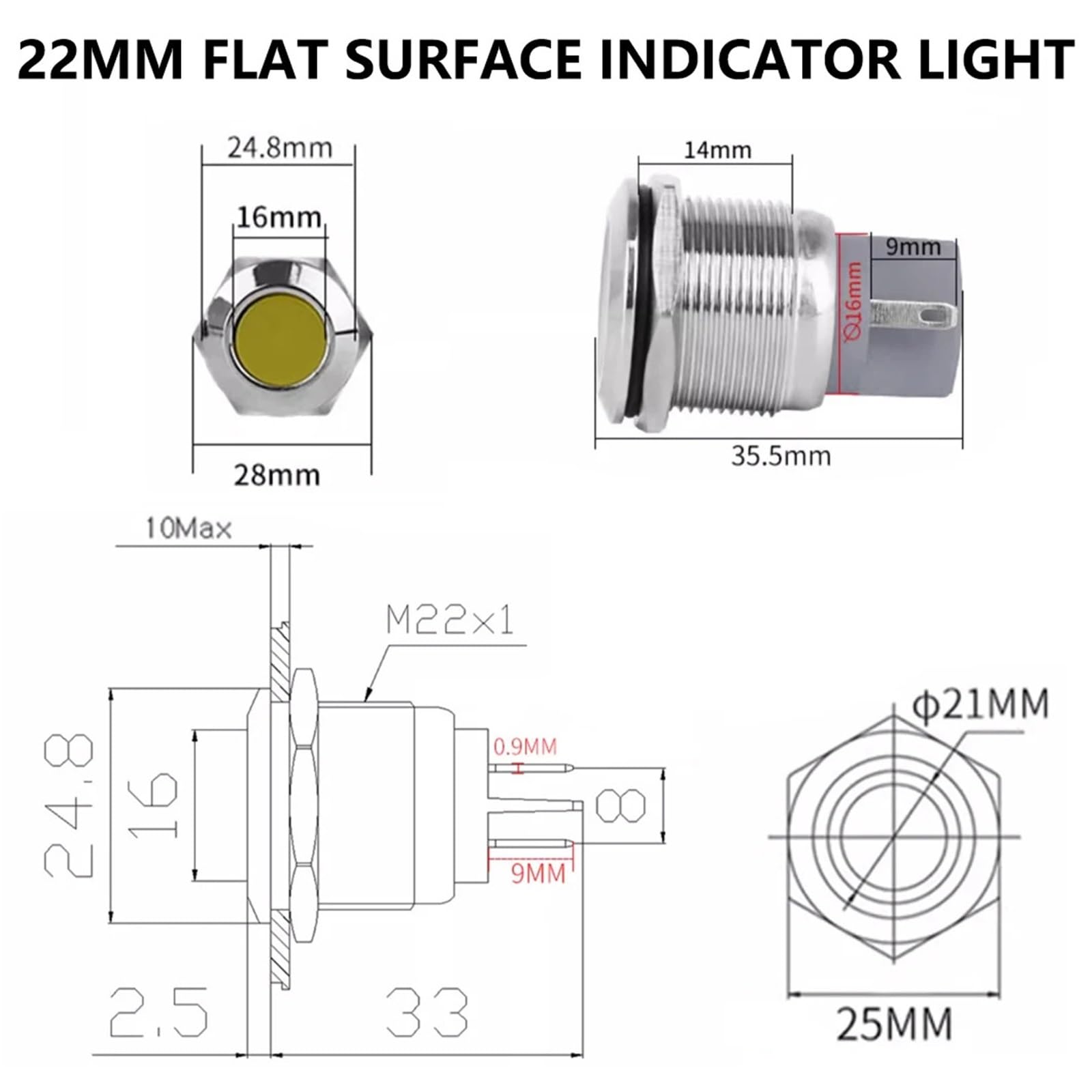 Lote de 10 luces indicadoras metálicas de 22 mm, alimentación AC/DC 3~220 V, mini LED impermeables IP65 y terminales de 2 pines (bola blanca luz, 12V-24V)