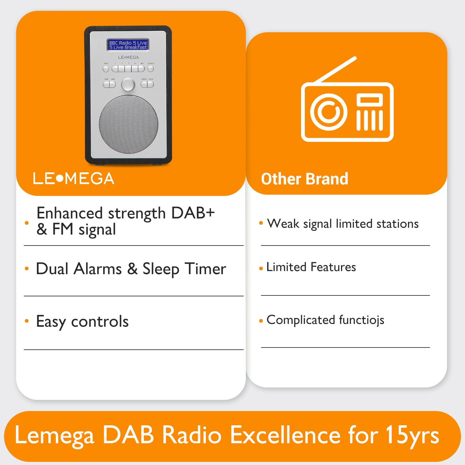 Radio Digitale LEMEGA CR2+ DAB+,Alimentazione da Rete,Sveglia,Rovere Nero | 20 stazioni memorizzabili, presa per cuffie, funzione snooze, timer di spegnimento, struttura in legno realizzata a mano