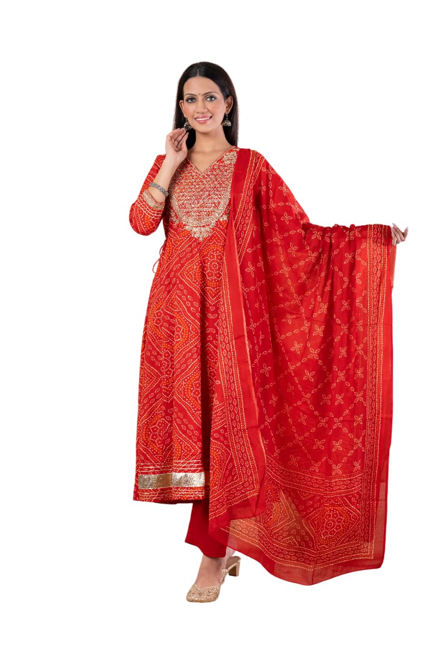 Women Pure Cotton Bandhej Print Embroidery Work Gown Kurti Pant and Dupatta Set