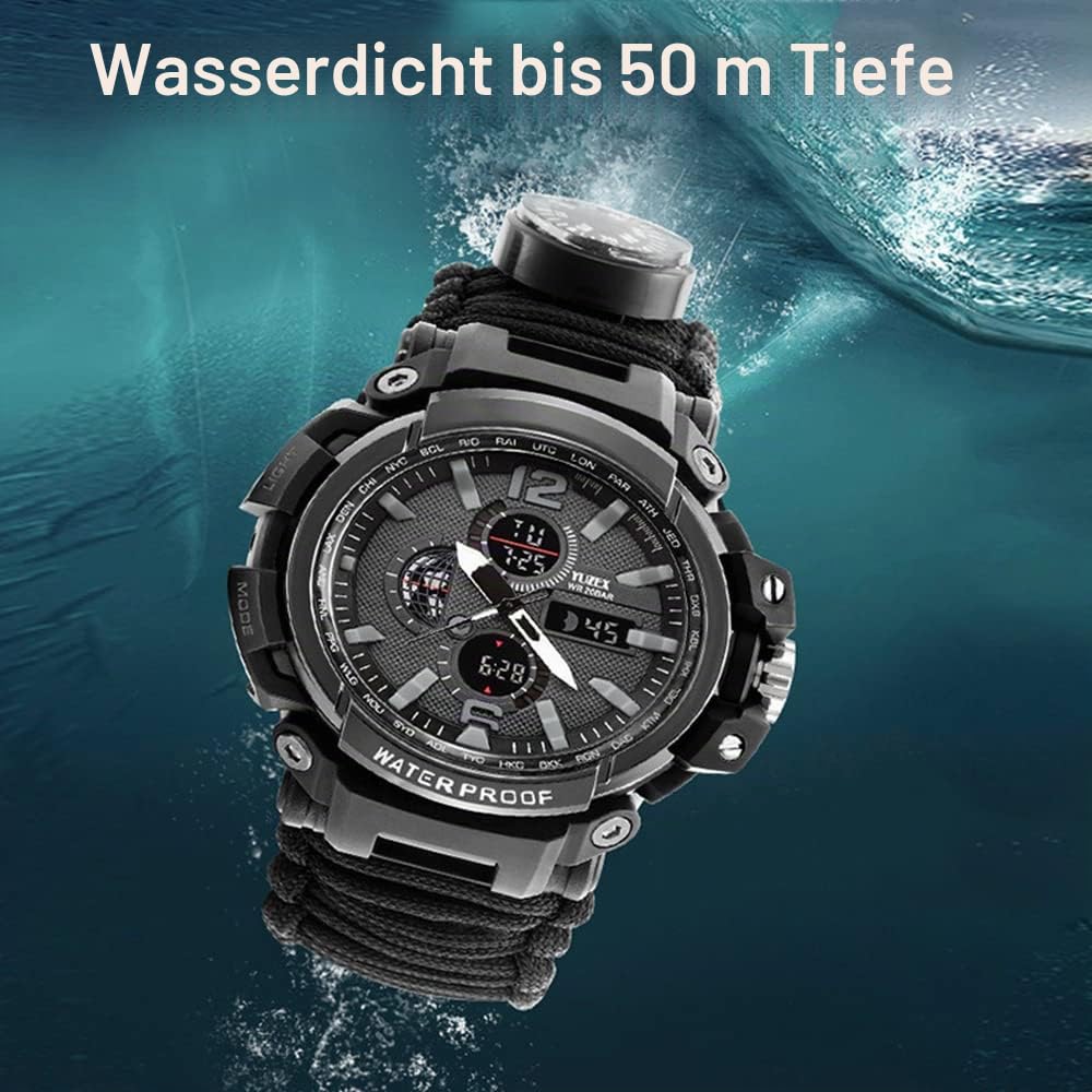 50m wasserdichte Militäruhr Herren Outdoor Sportuhr LED Digital Armbanduhr Kompass Thermometer Quarzuhr mit Schlüsselanhänger