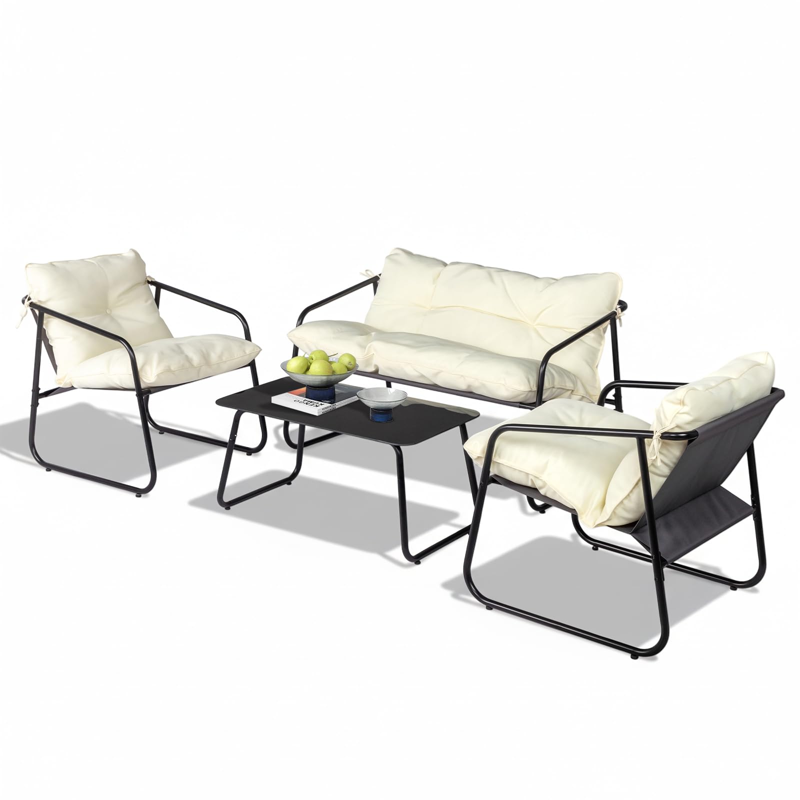 Bonnlo 4 Piece Patio Conversation Set, Outdoor Furniture Set with Glass Top Table & Comfortable Cushion, Cushioned Garden Furniture, White
