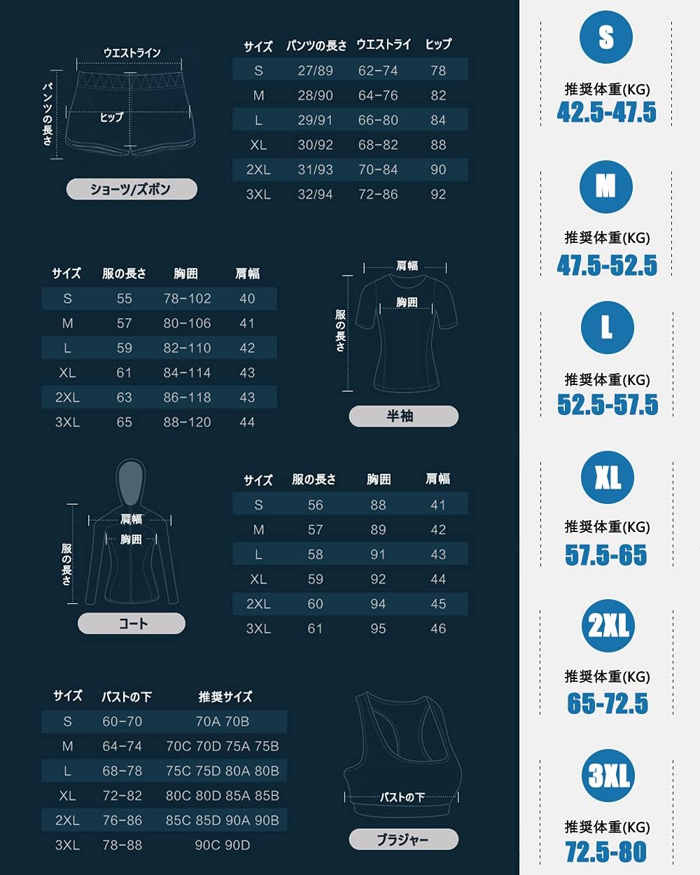 DawnRain レディーススポーツウェア5点セットのサイズ表