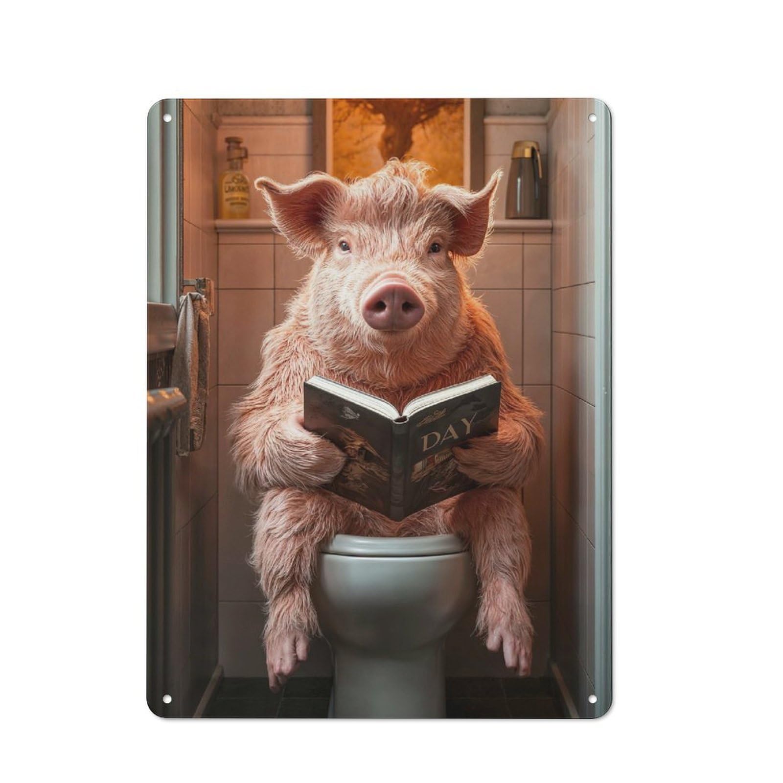 Junmoney Pig Reading On Toilet Urban Metal Wall Decor 40X30cm, Metal Wall Art Sign For Loft, Studio, Office Or Creative Room