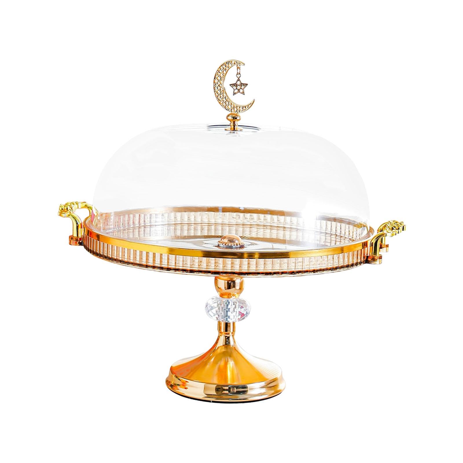 Présentoir à Gâteau avec Cloche Plateau à Dessert Plat de Service Support à Pâtisserie En PP Résistant Poignée Décorative Or et Fleurs Couvercle Hermé, Ambre
