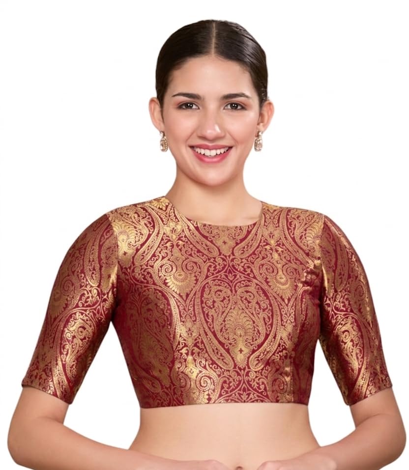 Image of Studio Shringaar Women Brocade Silky Jewel Neck Readymade Elbow Length Sleeve Saree Blouse
