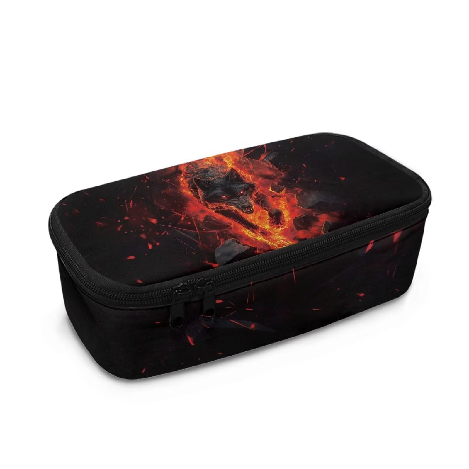 TOADDMOS Fire Wolf Pencil Case with Multi Compartments Office Stationery Case for Kids Men Big Capacity Multi-Functional Storage Bag