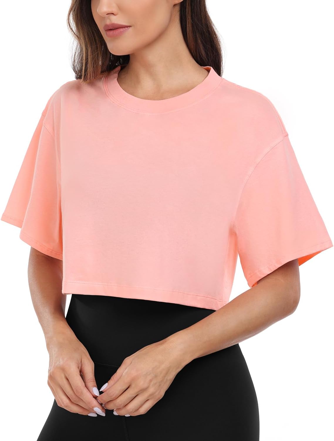 HeyNuts Pima Cotton Short Sleeve Workout Cropped Tops for Women Crew Neck Casual Basic Athletic Crop T-Shirt - Image 4