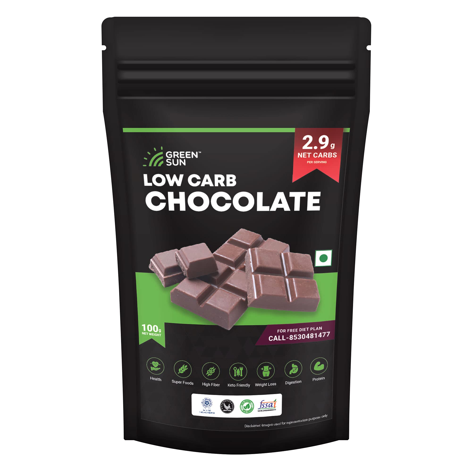 Green Sun Low Carb Chocolate | Pack of 1 | 2.9 grams Net Carb Per Chocolate | Keto Friendly| Sugar Free | Guilt Free Sweet | Belgian Cocoa | Diet Food| Healthy Product