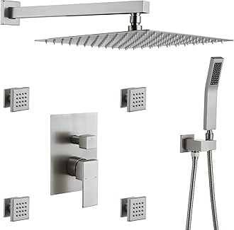 Rain Shower System With Complete 4 Pcs Body Sprays Jets And Pressured Balance Rough-in Valve,12Inch Rainfall Shower Head And Handheld, Modern Brushed Nickel Wall Mount Shower Faucets Sets