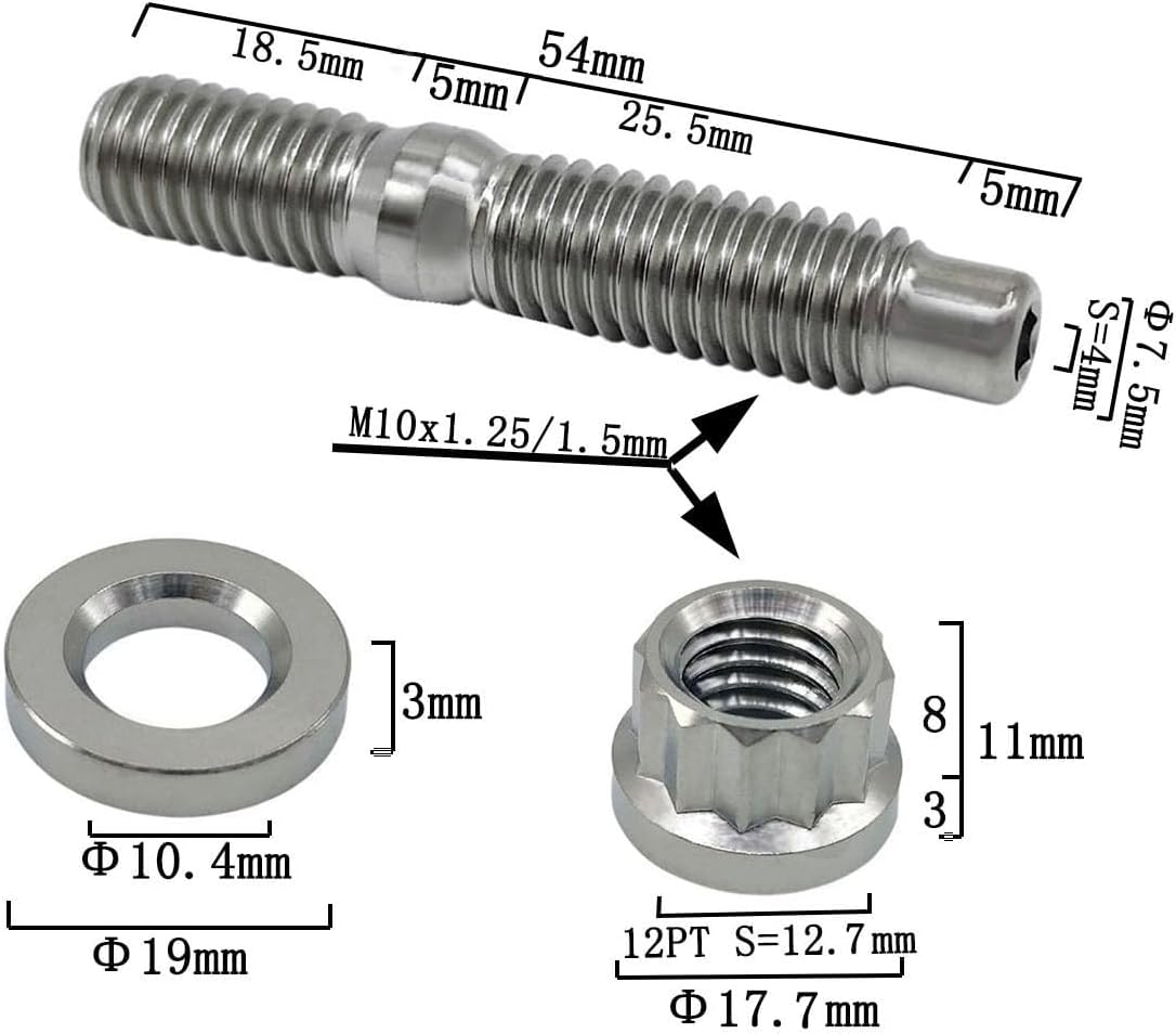 RISON Titanium Bolt M8/M10 Titanium Exhaust Manifold Stud Kit GR5 Titanium Bolt Kit 12 PCS/Set (Original, M10*1.5 * 54mm)