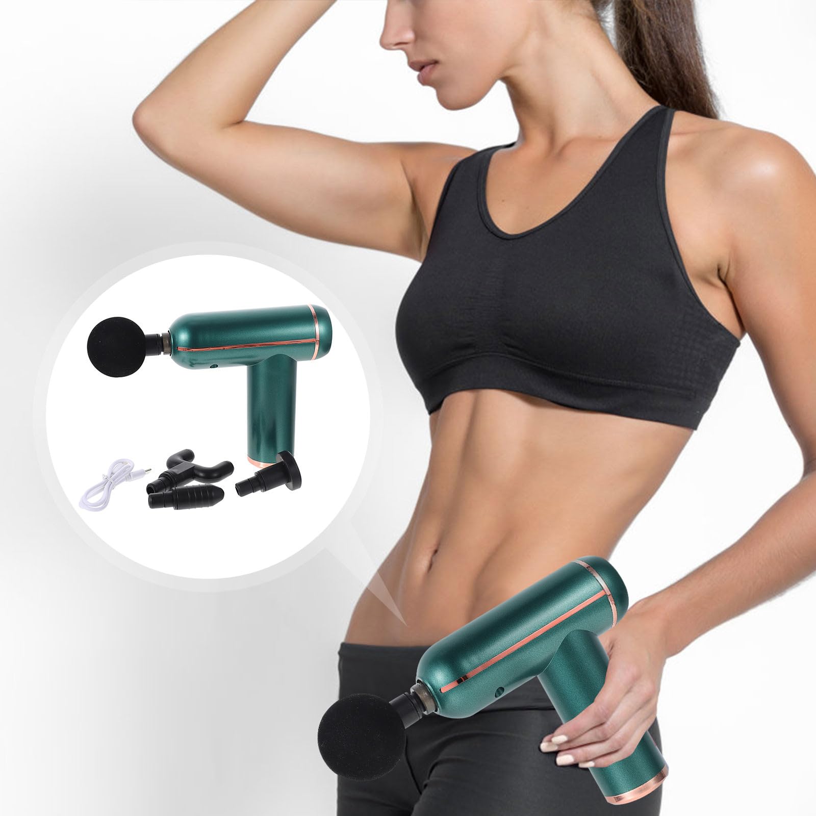 Portables Elektrisches Massagegerät 1 Satz mit 6 Stufen und 4 Aufsätzen | USB Ladegerät, 1800mah Akku, Grünes Kunststoffgehäuse, für Reisen dem Sport