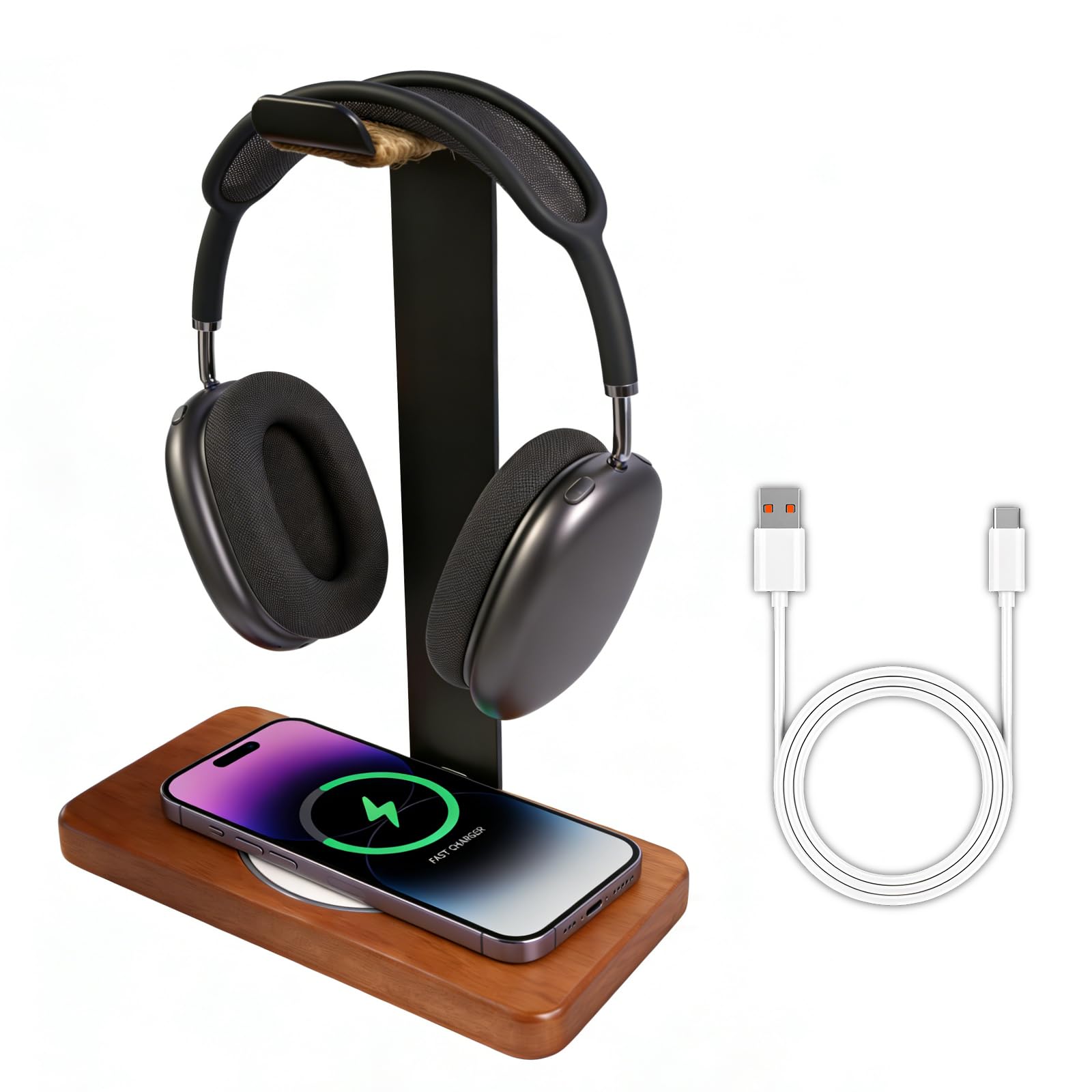 Solid Wooden Headphone Holder, Universal Headset Stand with Wireless Charger 15W Max Fast for Desk, Wireless Charger Headphone Holder for Gaming Desk Compatible with iphone Samsung （White）-image-42