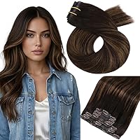 Vista 36 de Moresoo - Extensiones de cabello humano Remy lacio sin costuras con pinzas y trama, de poliuretano, cabeza completa, color castaño claro