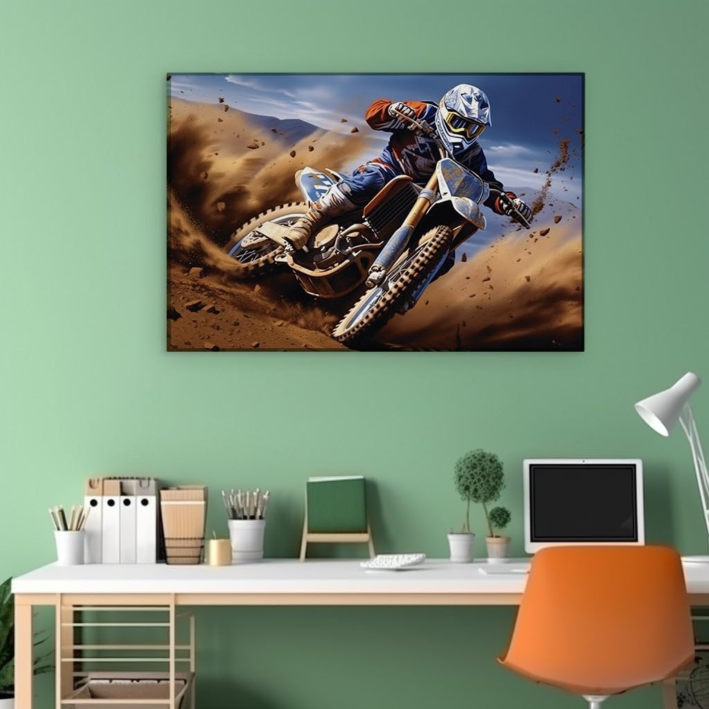 Canvas for Living room. Desert Dynamo: Mastering Sandy Straits on a Dirt Bike, 27 x 18 inch Canvas Wall Art - Contemporary Masterpieces - Modern Home Decor