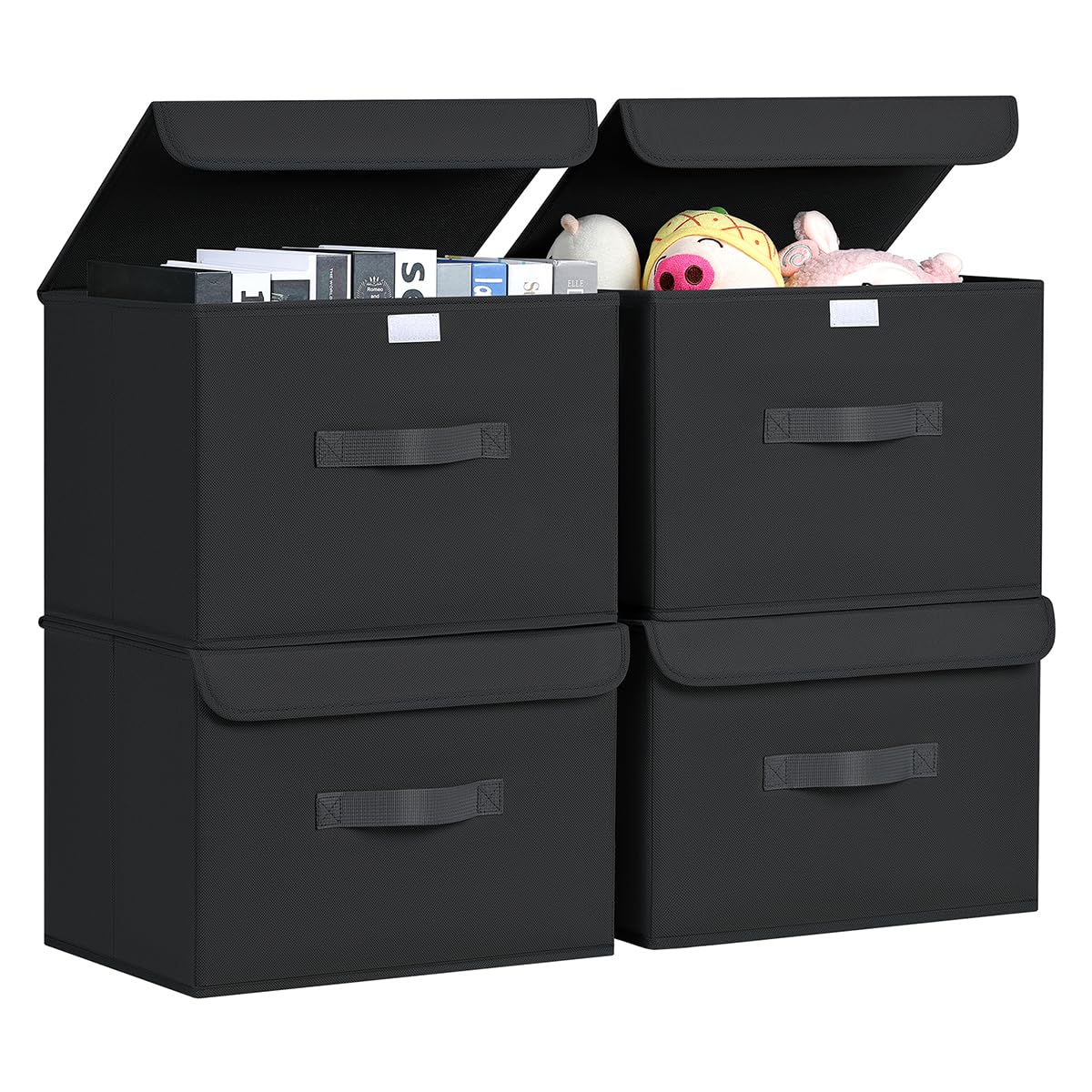 DIMJ 4 Piezas Cajas Organizadoras con Tapa Cajas de Almacenamiento Plegables Fabricadas en Tela con Asas Ideal Para Guardar Ropa, Zapatos, Ideal Para Guardar Juguetes, Ropa Y Cachivaches, Negro