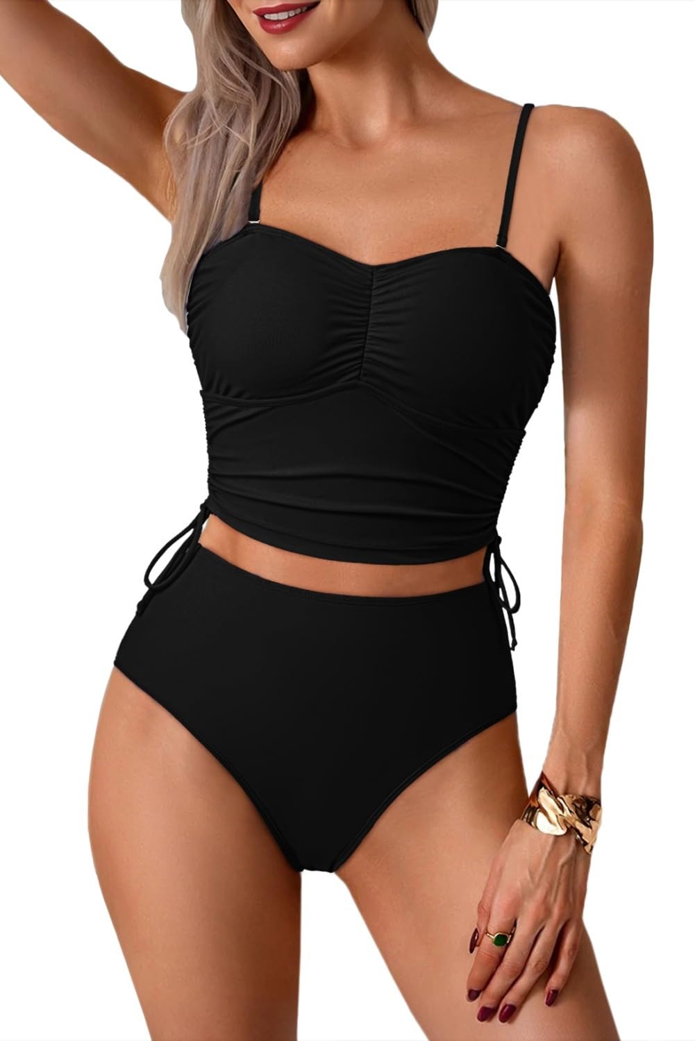 Photo 1 of ** MISSING TOP **Pink Queen Women's Modest Two Piece Bandeau Tankini Bathing Suits Empire Waist Bikini Set Cheeky Holiday Cruise Drawstring Pleated Swimsuits Black S