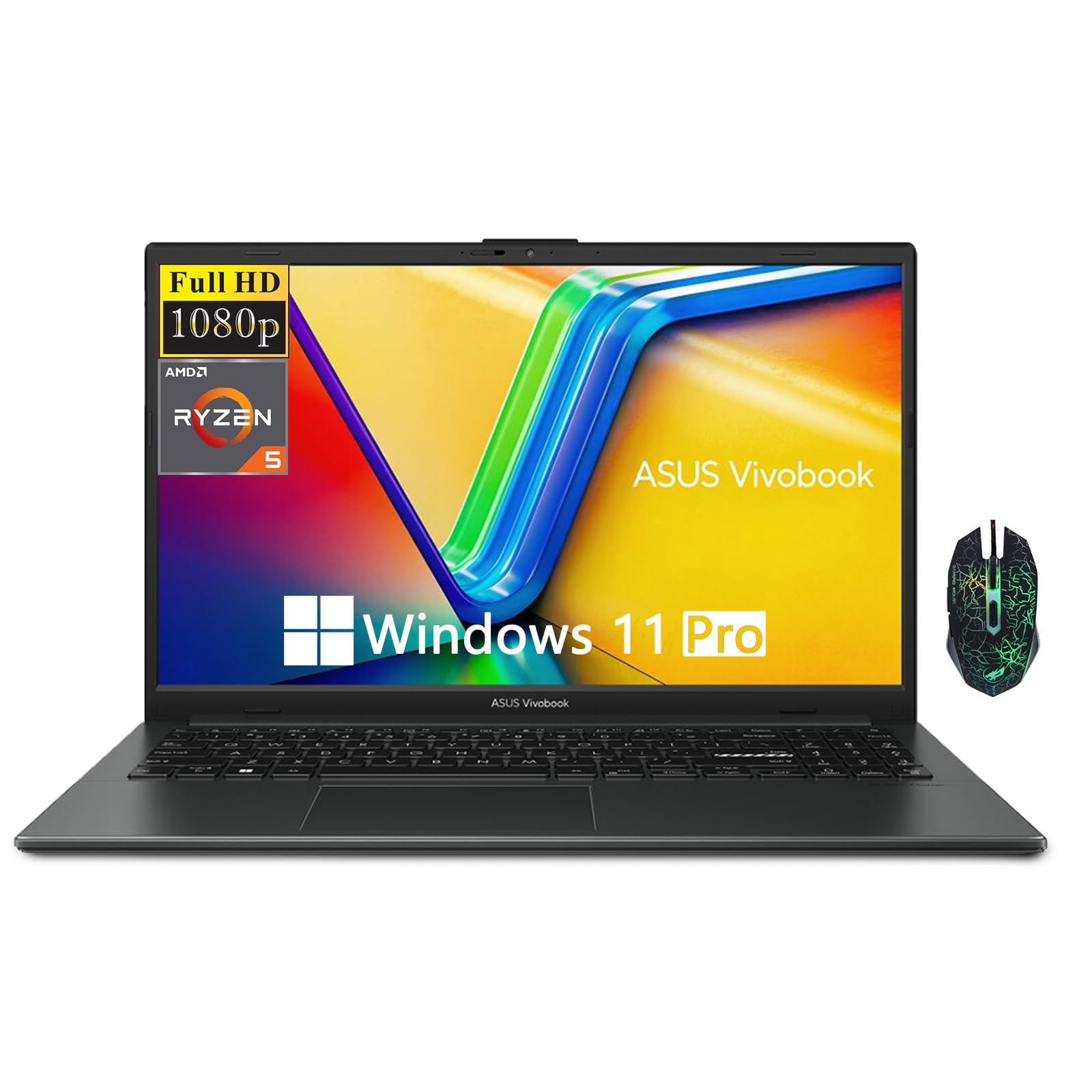 Vivobook Go 15.6" FHD Laptop, 15.6 Inch Business Laptop, AMD Ryzen 5 7520U, 16GB LPDDR5 RAM, 512GB PCIE SSD, 180° Lay-Flat, WiFi, Bluetooth, Fast Charging, Windows 11 Pro, Mixed Black