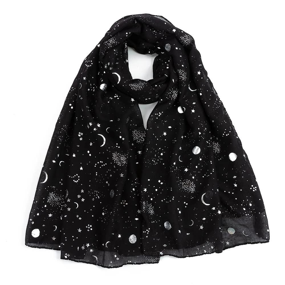 London Scarfs Women's Moon Black Silver Gold Glitters Shimmer Foil Stars Scarf Shawl Wrap (Moon Black)