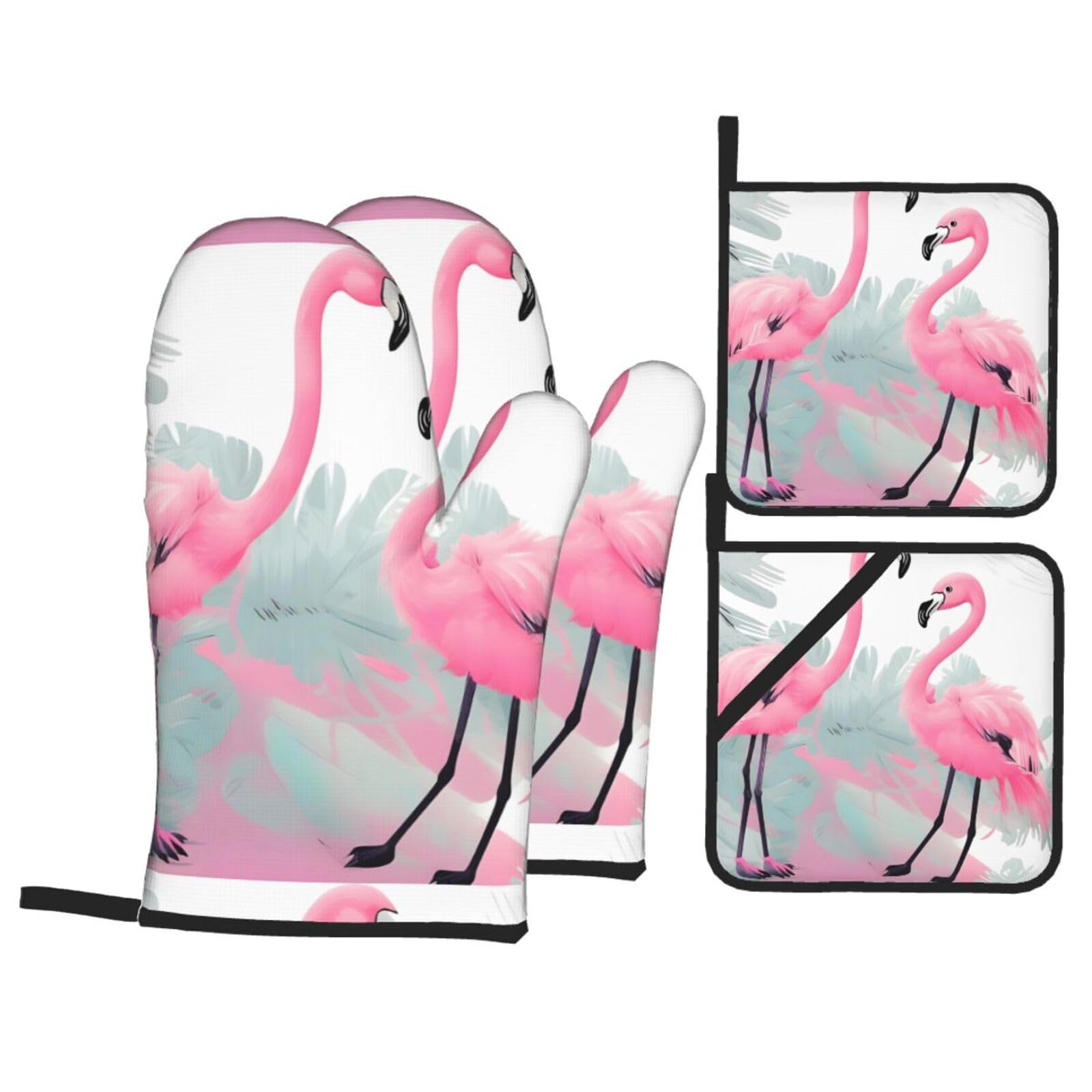 WHJSHOP Pink Flamingo Prints Kitchen Baking Throw Set with Heat Resistance, Waterproof Oven Mitts & Pot Holders for Cooking, Grilling & Handling Hot Dishes