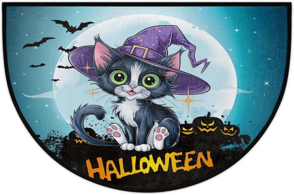Half Round Doormat Halloween Black Cat Washable Semi Circle Area Rug Non Slip Half Moon Rug Holiday Decor Mat for Indoor Outdoor Bathroom Kitchen Welcome Fireplace Hearth Floor Mat