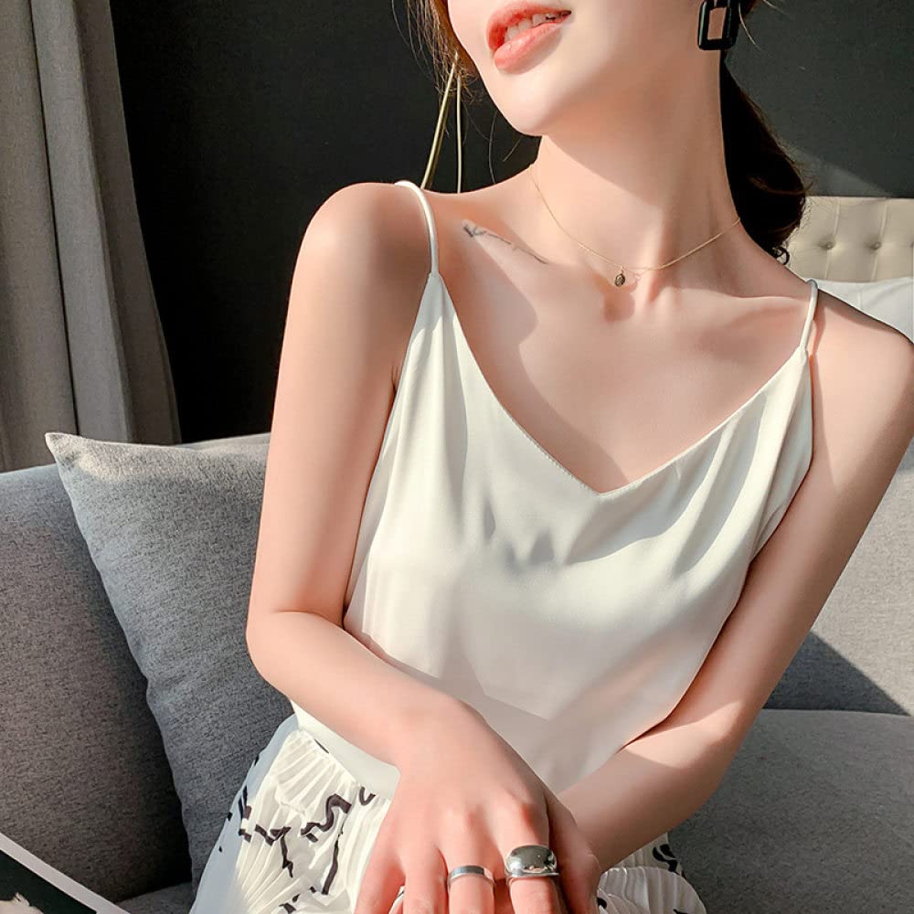 Chaleco de Mujer - Camisola de Seda Satinada de Moda para Mujer Tiras de Espagueti Sexy Cuello en V Camiseta sin Mangas OL básica