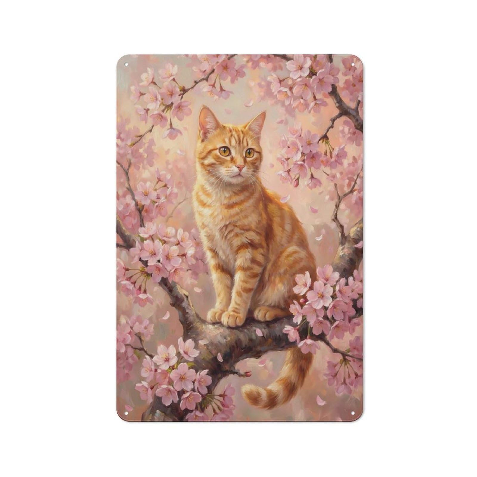 Junmoney Style-21 Ginger Cat In Cherry Blossom Printed Metal Sign 30X20cm For Lounge Or Reading Corner, A Winter Wall Decor Update For Reading Corner Decorators