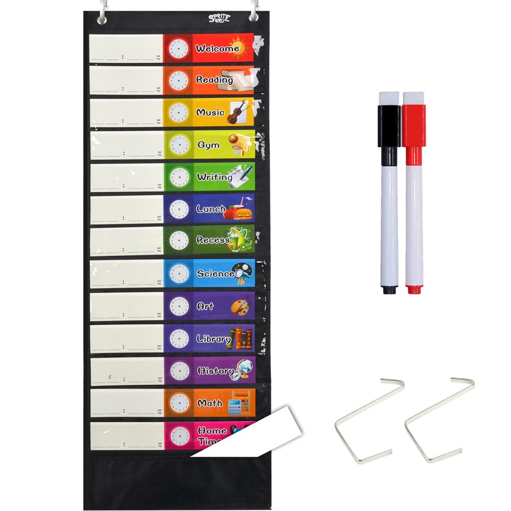 Daily Schedule Pocket Chart， Black Class Schedule with 26 Cards, 13+1 Pockets. 13 colored + 13 blank double-sided reusable Cards, Easy Over-door
