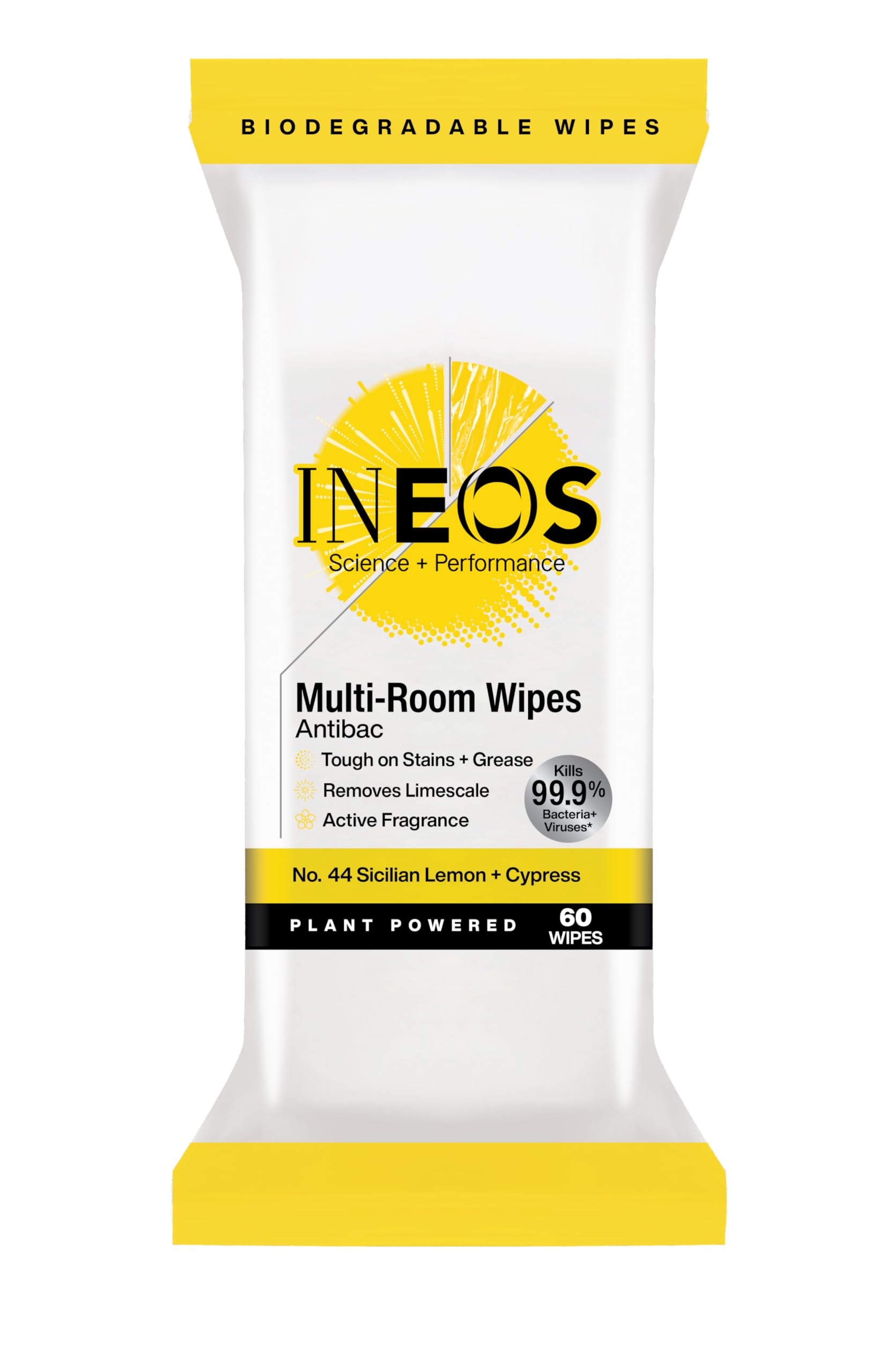 INEOS Next-Gen Antibac Multi-Room Disinfectant Biodegradable 60 Wipes, Sicilian Lemon + Cypress, Kills 99.9% of Bacteria + Viruses, Plant Powered, Packaging May Vary