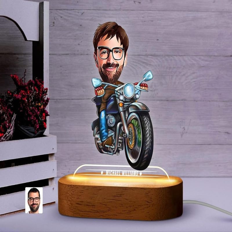 Image of THE GRANDEUR Caricature Gift for Men, Custom LED Motorcycle Rider Cartoon Lamp - Personalized Bike Figurine Gift for Him, Desk Decor Birthday Gift for Men, Anniversary Gift for Husband, (15 x 6 cm)